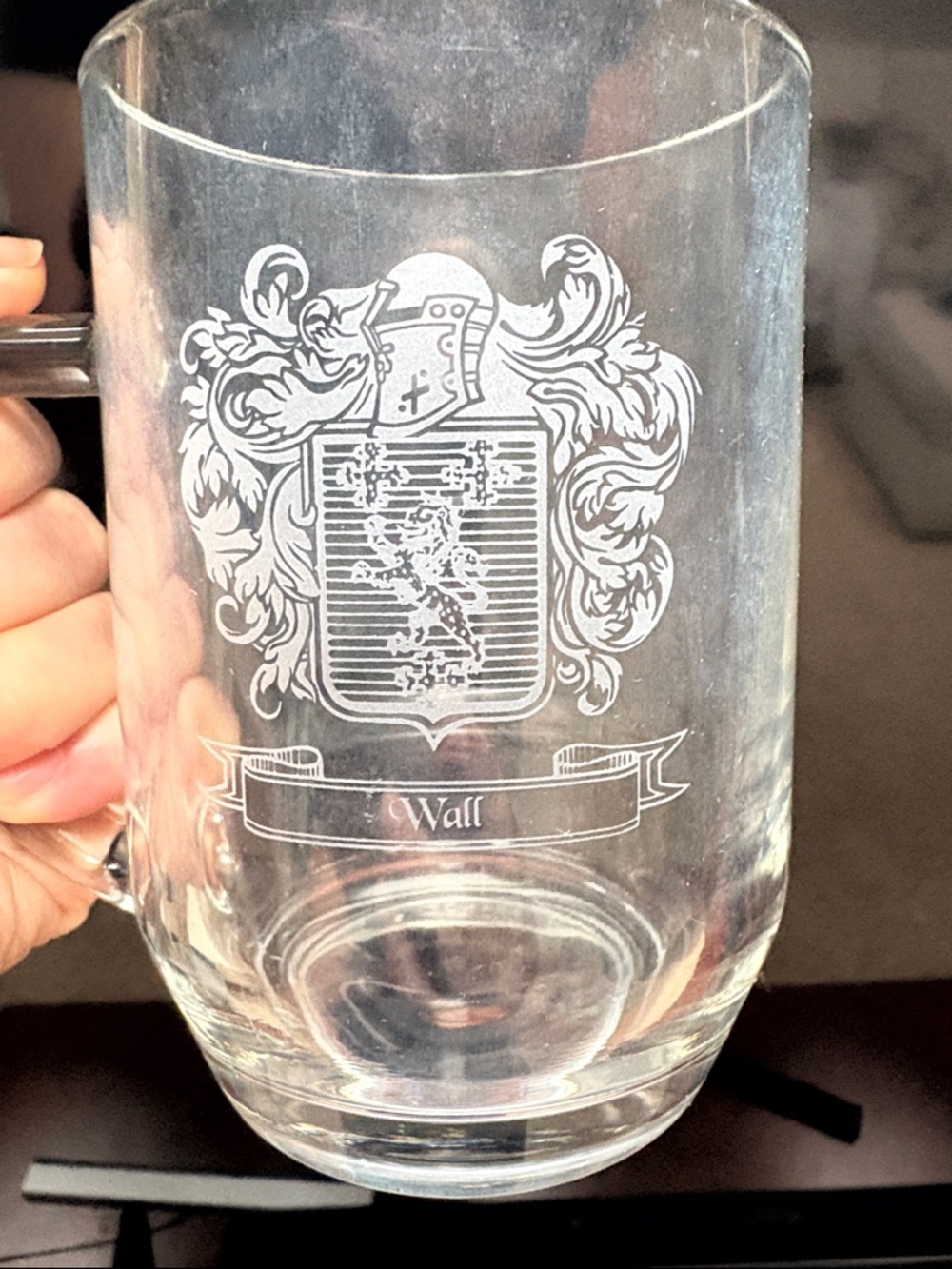 Set of 2 Clear Glass Mugs with Etched Crest of "Wall"